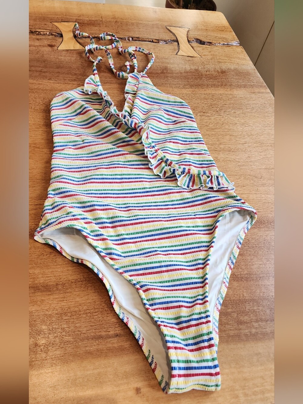 SOLID & STRIPED Nadine Seersucker Striped Ruffle Halter One-Piece Size S - Picture 6 of 12
